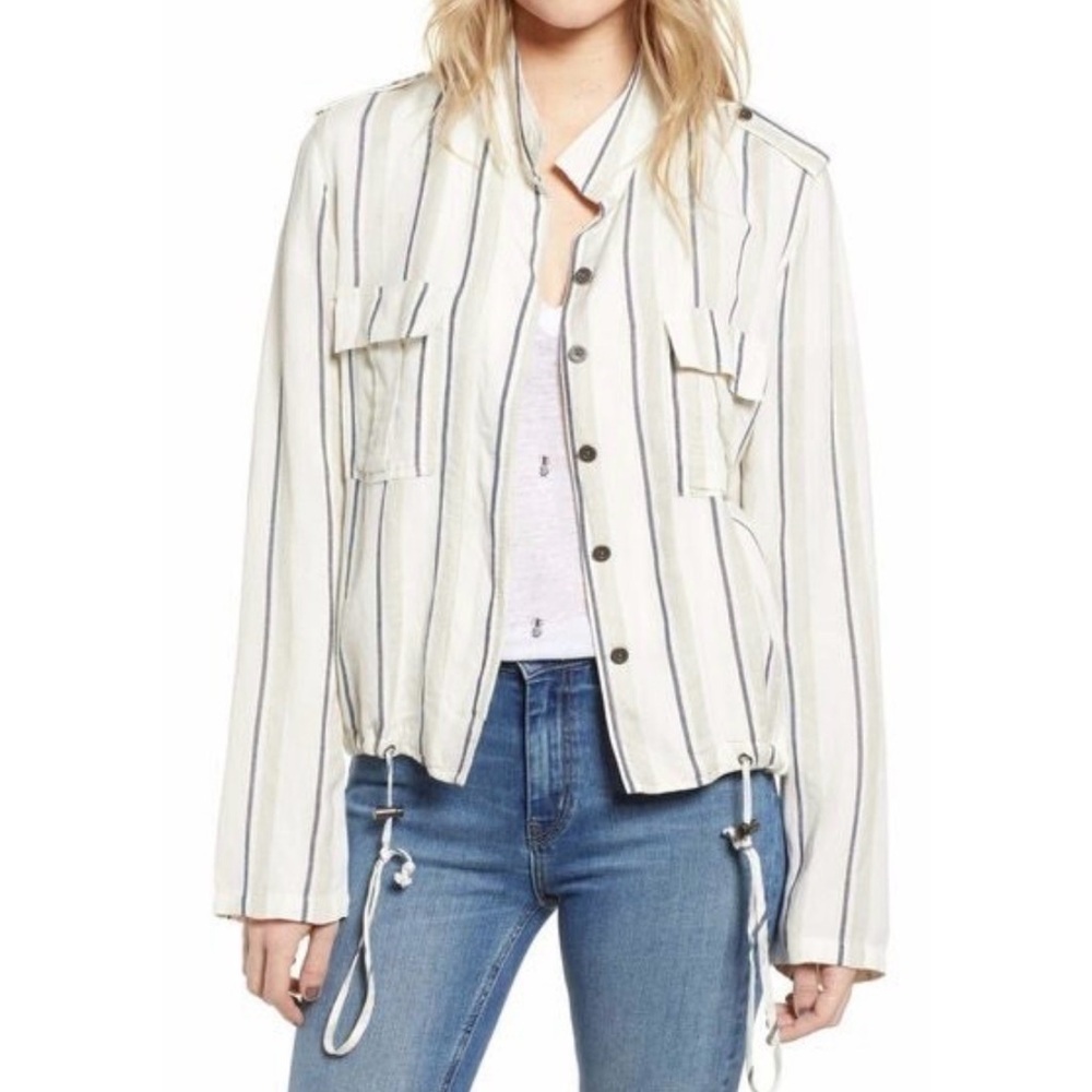 Rails Linen Blend White and Blue Striped Nautical Utility Jacket Button up M